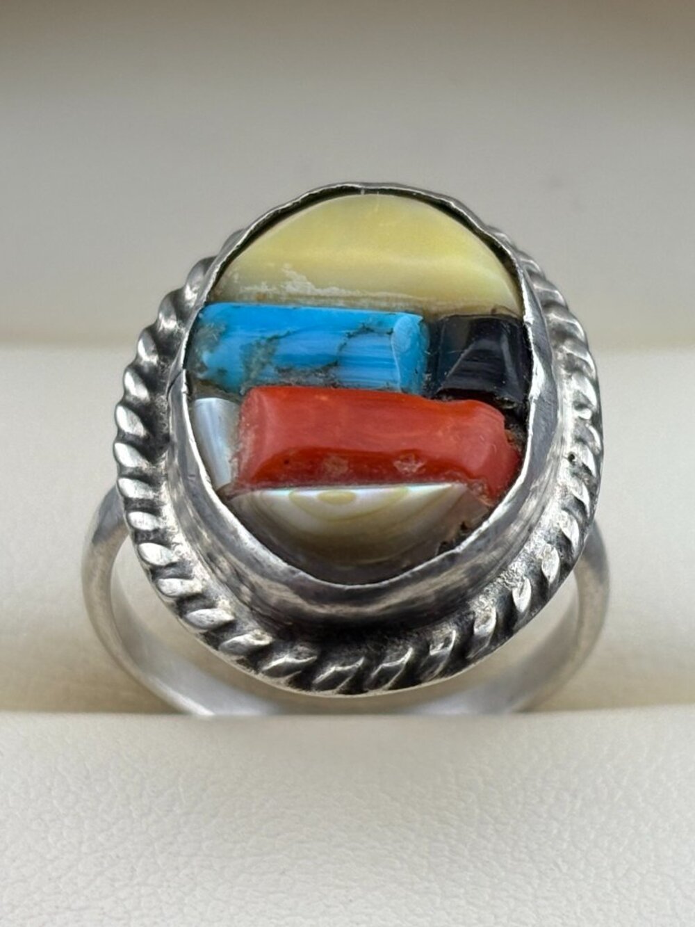 Sterling Silver Turquoise Coral Onyx MOP Ring Sz. 7 - Handmade ML Collectible